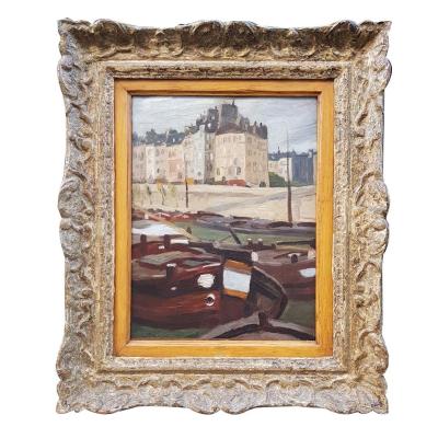 Oil On Wood Quai De Seine By Gaston Balande