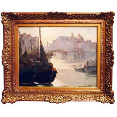 Oil On Panel, Boats In Port, By Thérèse Clément