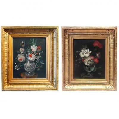 Pair Of Oils On Canvas Bouquets Of Flowers Late 18th 