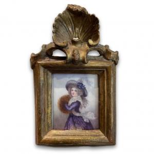 Miniature On Ivory Of A Woman With A Purple Dress 19, 18th Century Frame