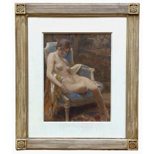 Watercolor On Silk, Nude In An Armchair, Circa 1900