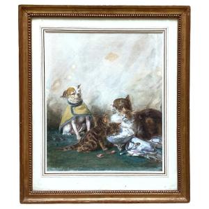 Gouache, Chats Et Chien Jouant Par Louis-eugène LAMBERT