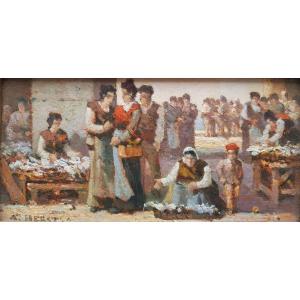 Small Oil On Panel, Market In Nice By Auguste Clément Joseph Herst