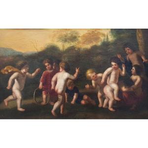 Huile Sur Toile, Anges Et Enfants Jouants , 18ème 