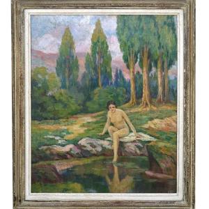 Huile Sur Toile, Nue Près d'Un Lac Par A Delhomme