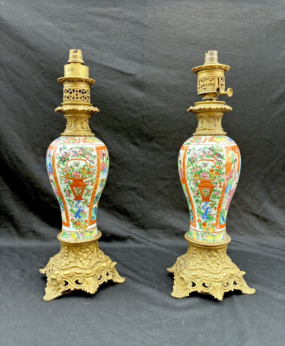 Paire de lampes en porcelaine de Chine Canton Napoléon III 