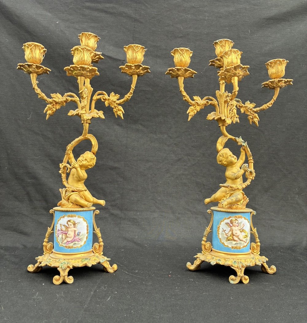 Pair Of Gilt Bronze And Sevres Porcelain Candlesticks-photo-3