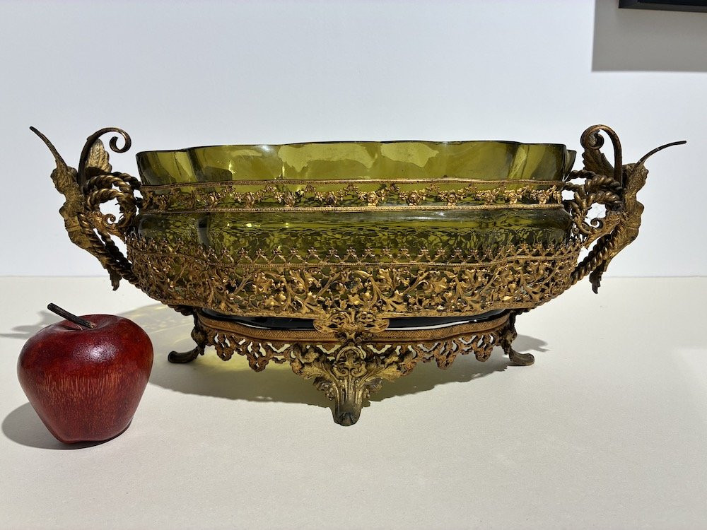 Élégante et grande jardinière en verre vert et laiton doré-photo-2