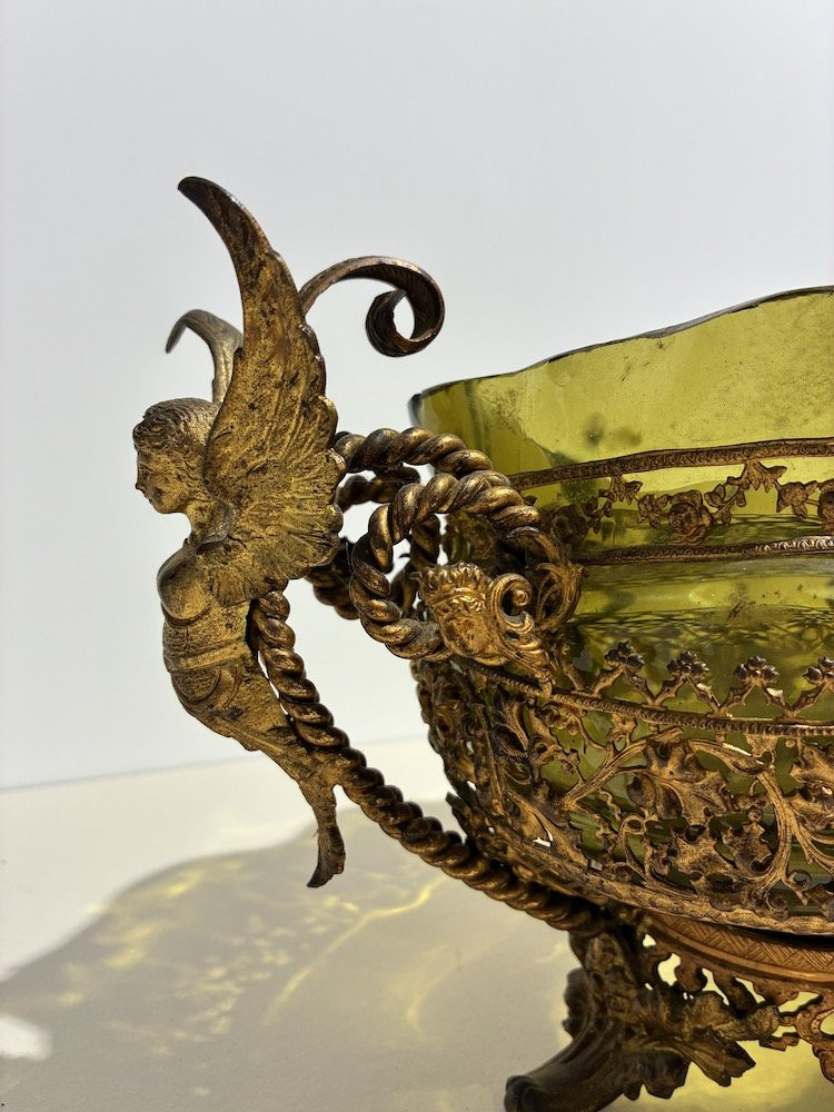 Élégante et grande jardinière en verre vert et laiton doré-photo-3