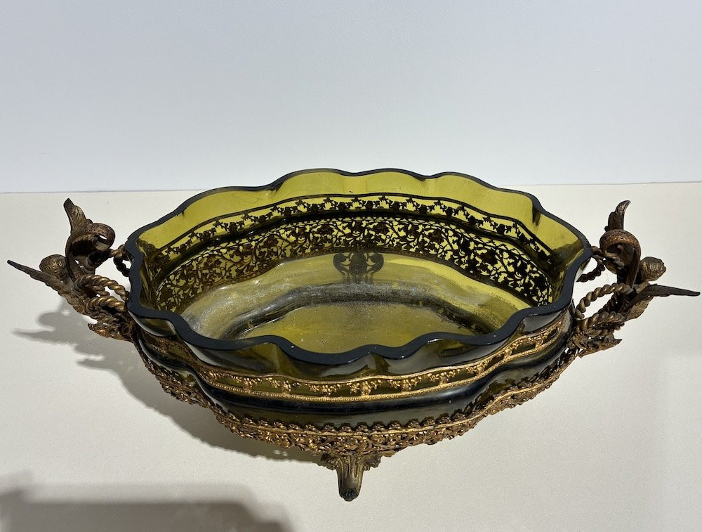 Élégante et grande jardinière en verre vert et laiton doré-photo-4
