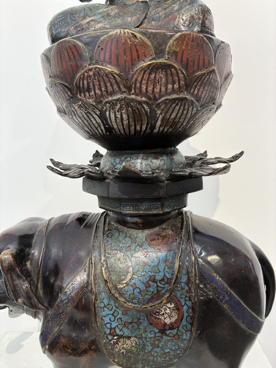 Important okimono en bronze et émaux champlevés – Samantabhadra sur éléphant – 64 cm-photo-3
