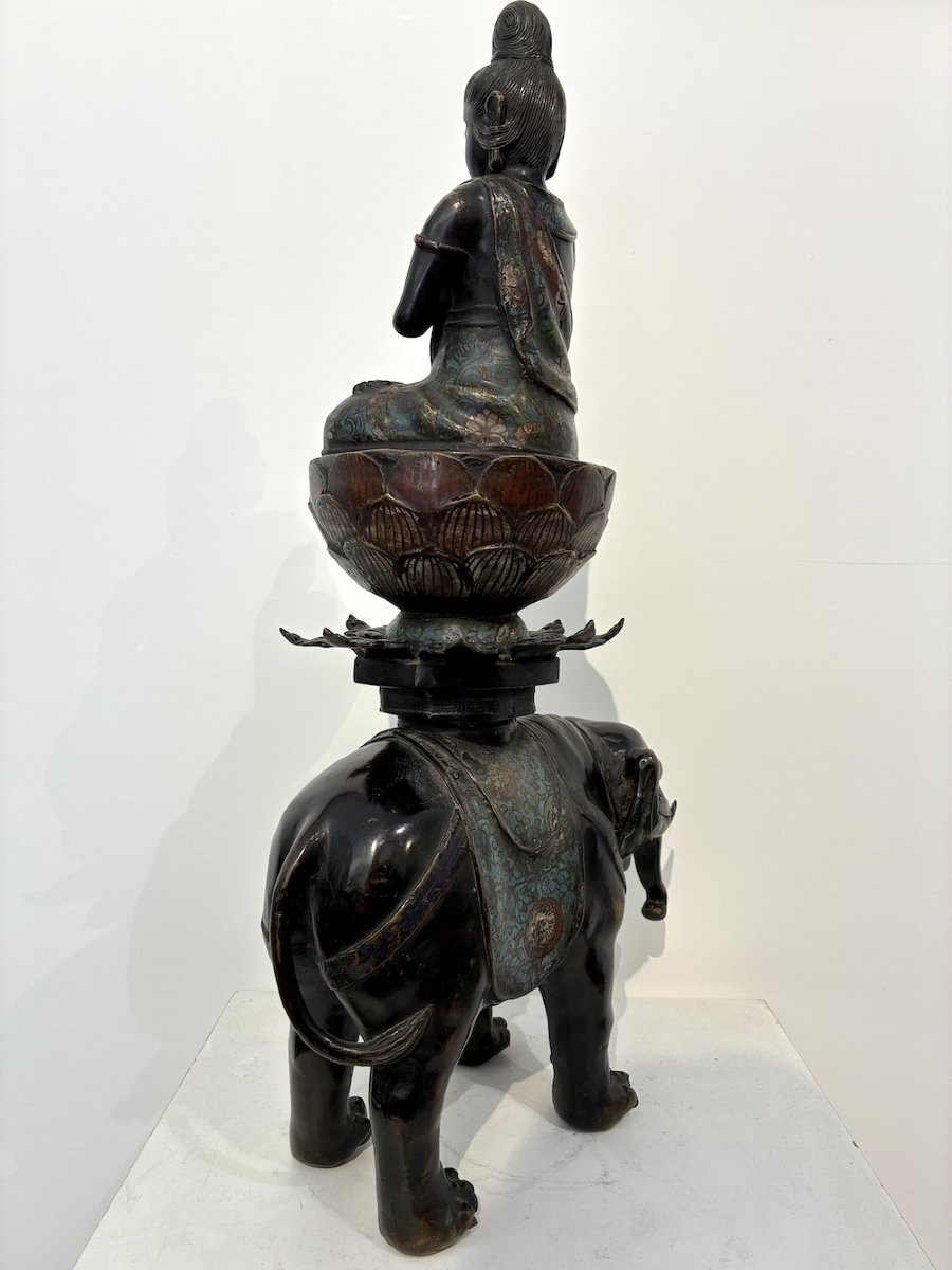 Important okimono en bronze et émaux champlevés – Samantabhadra sur éléphant – 64 cm-photo-4
