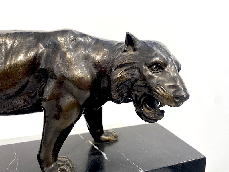 Bronze Sculpture Signed Limousin - Feline Panther On Marble Base-photo-2