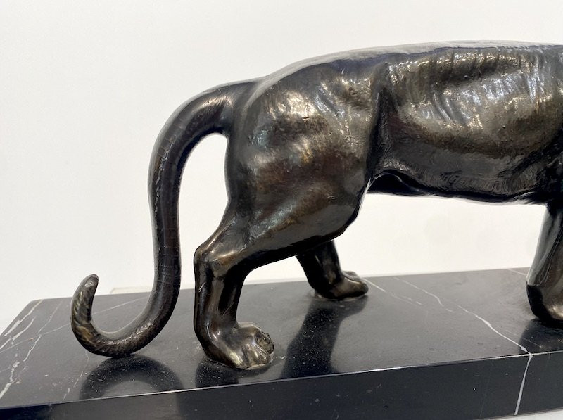 Bronze Sculpture Signed Limousin - Feline Panther On Marble Base-photo-3