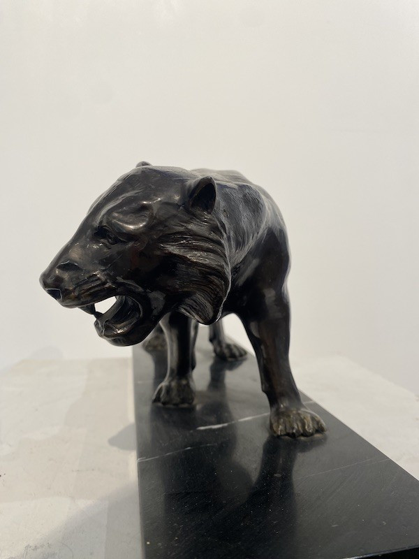 Bronze Sculpture Signed Limousin - Feline Panther On Marble Base-photo-1