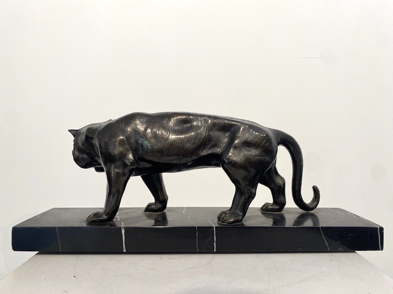 Bronze Sculpture Signed Limousin - Feline Panther On Marble Base-photo-2