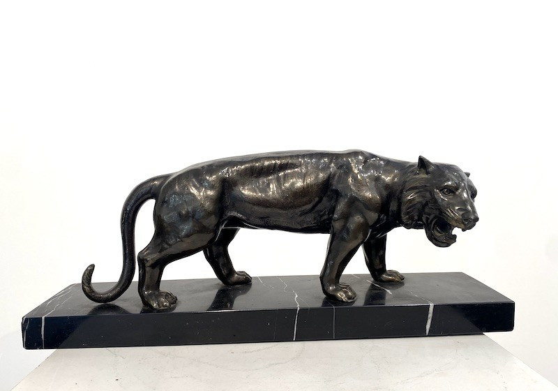 Bronze Sculpture Signed Limousin - Feline Panther On Marble Base