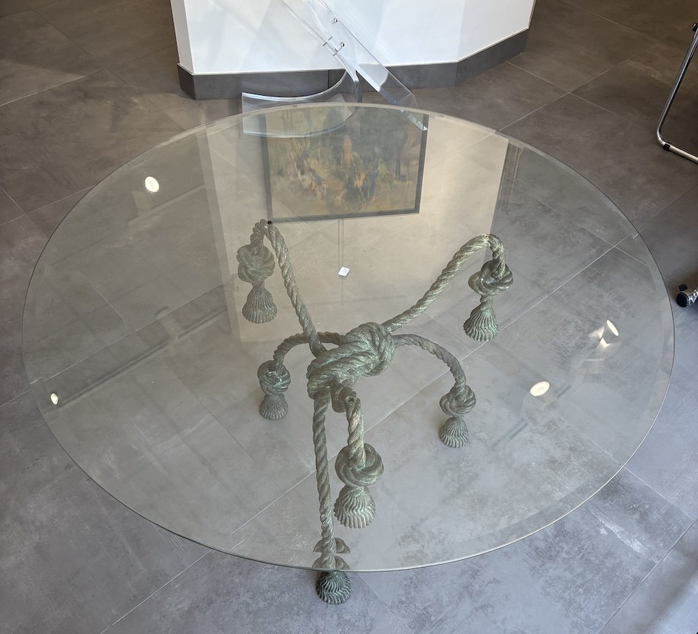 Table ronde piètement en bronze patiné vert et verre – XXème siècle-photo-3