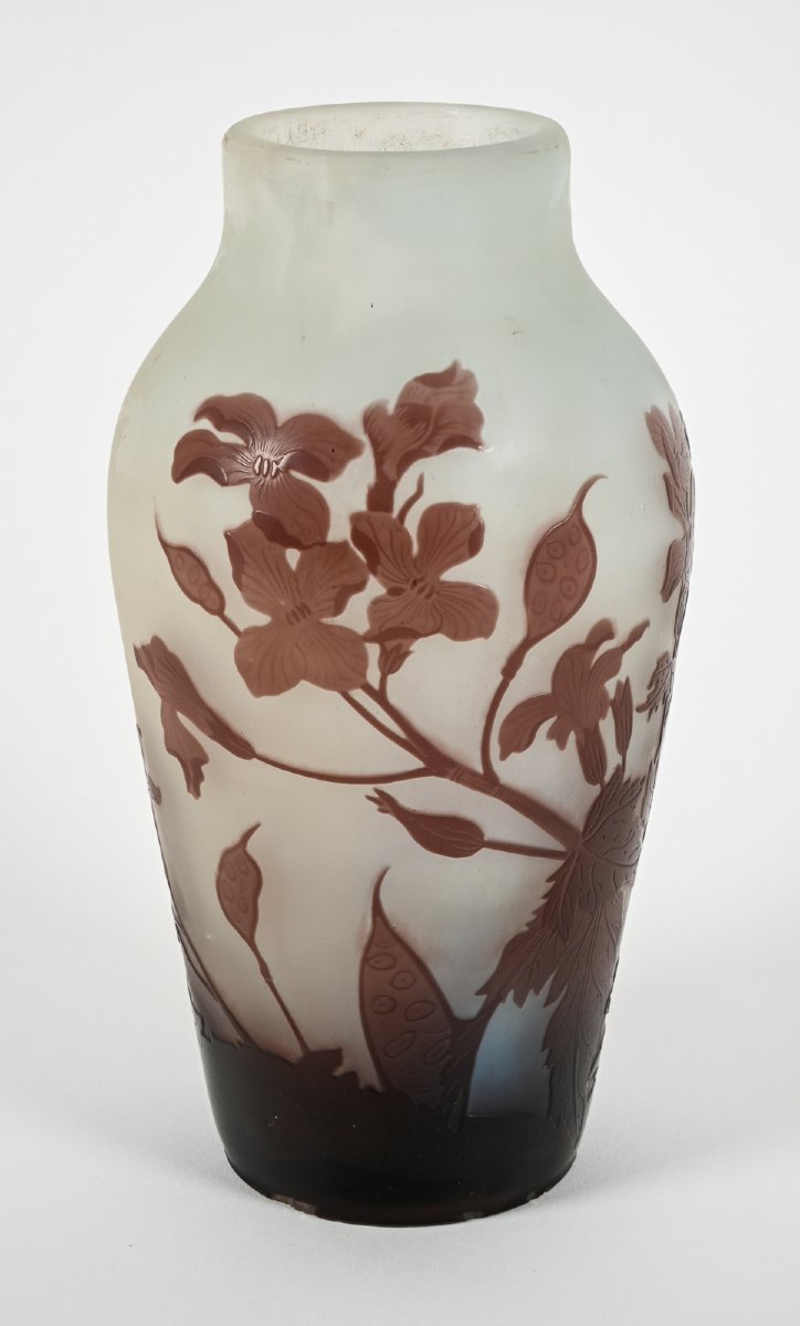 Vase de Gallé à décor de plantes d'honnêteté annuelle violines sur fond bleu 