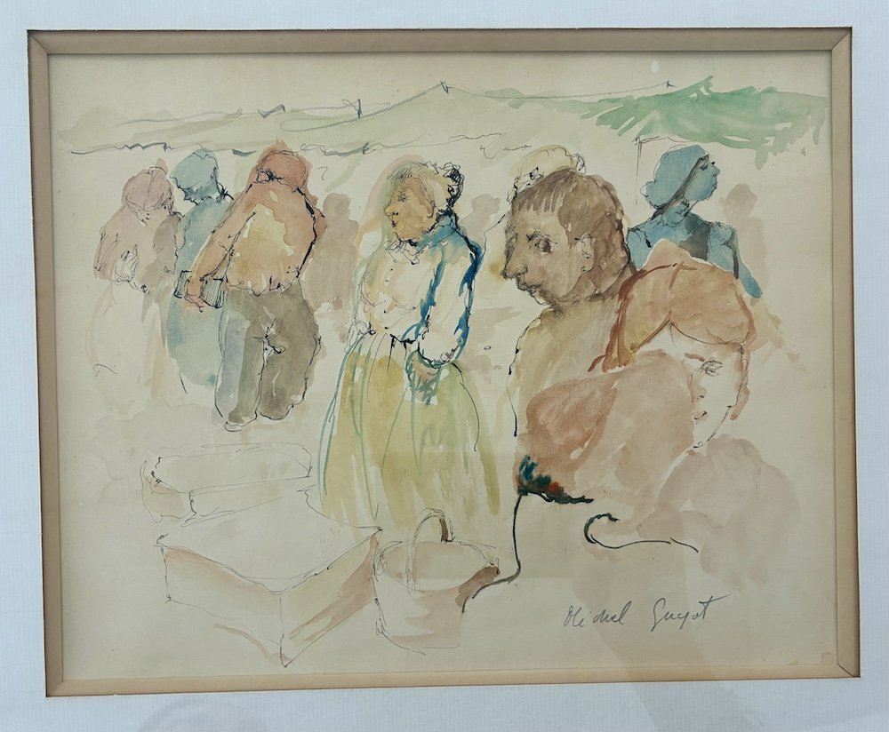 Michel Guyot (Né en 1936) Aquarelle "Au marché"-photo-2