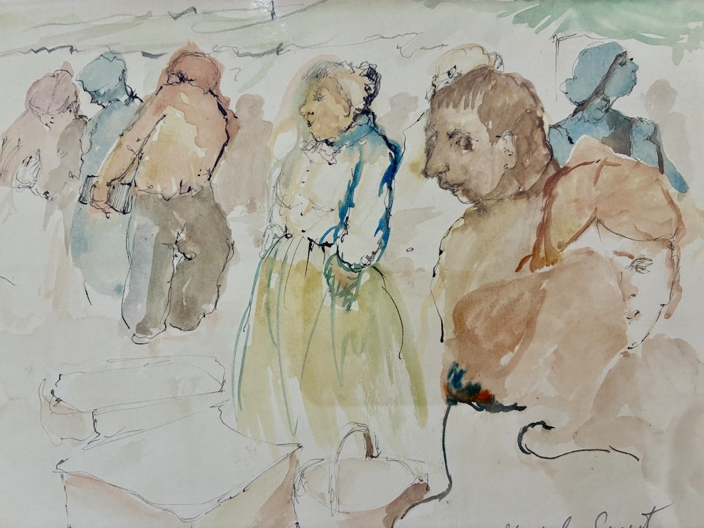 Michel Guyot (Né en 1936) Aquarelle "Au marché"-photo-3