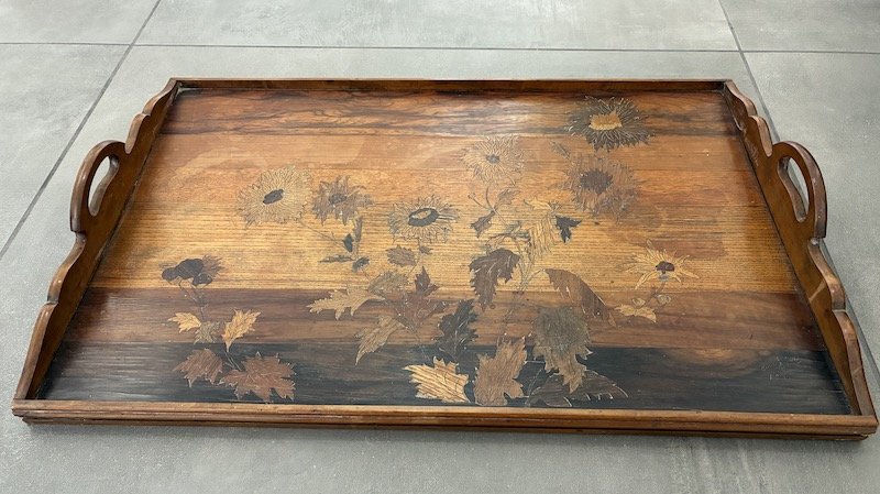 Art Nouveau Serving Tray Signed By Gallé – Wood Marquetry Featuring Sunflowers-photo-3