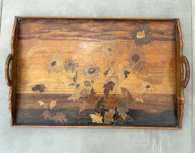 Art Nouveau Serving Tray Signed By Gallé – Wood Marquetry Featuring Sunflowers-photo-4