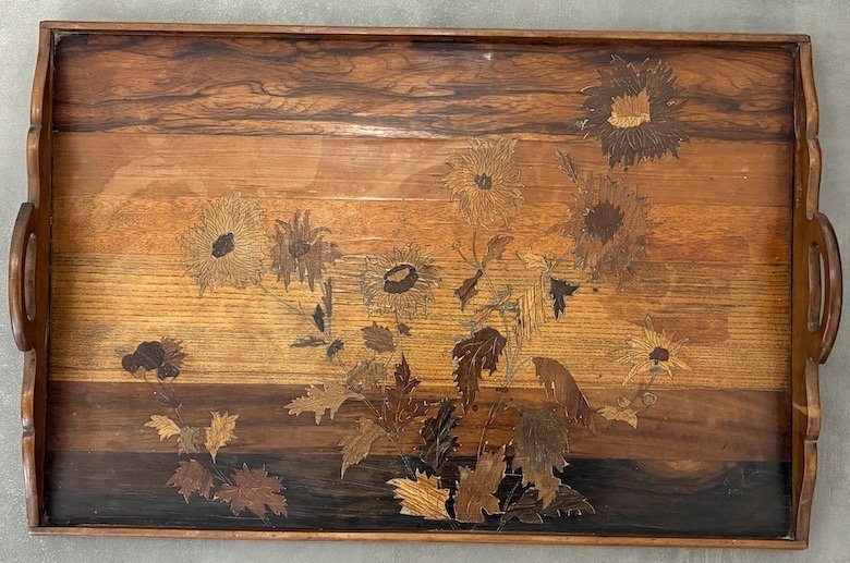 Art Nouveau Serving Tray Signed By Gallé – Wood Marquetry Featuring Sunflowers