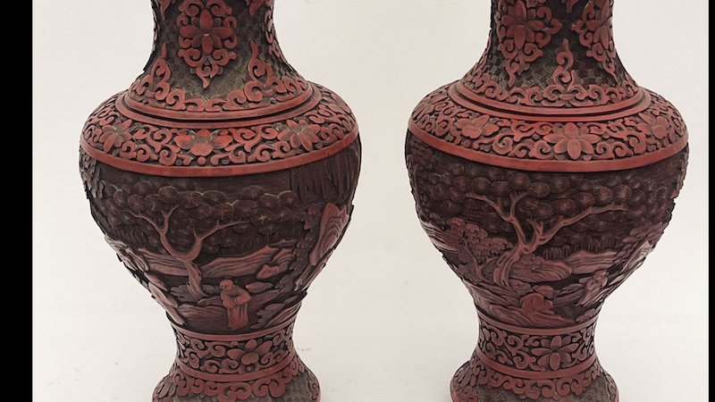 Pair Of Baluster Vases In Cinnabar Lacquer On A Metal Base-photo-2
