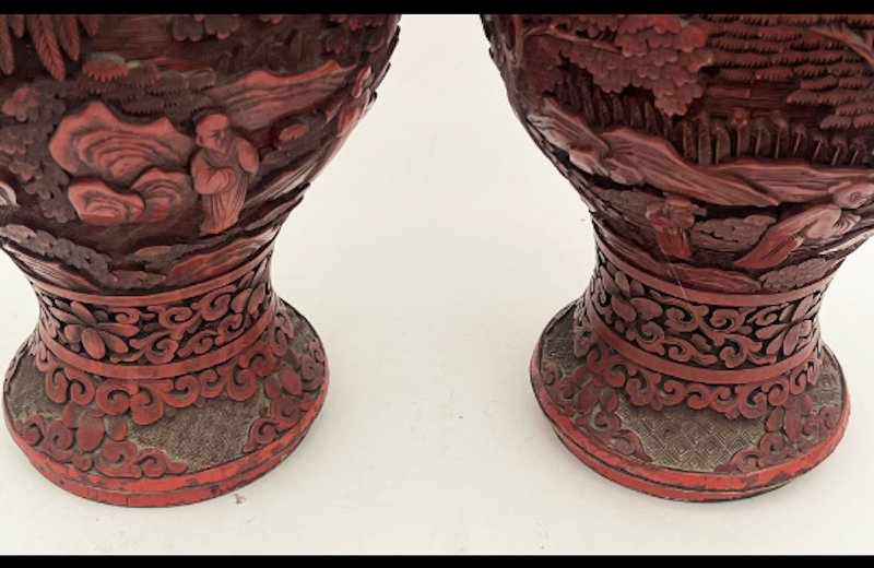 Pair Of Baluster Vases In Cinnabar Lacquer On A Metal Base-photo-1