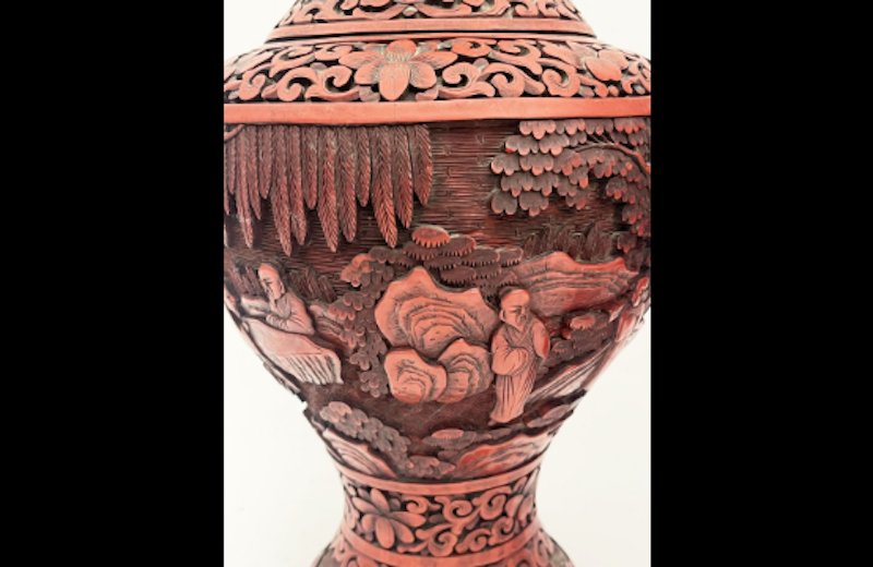 Pair Of Baluster Vases In Cinnabar Lacquer On A Metal Base-photo-2