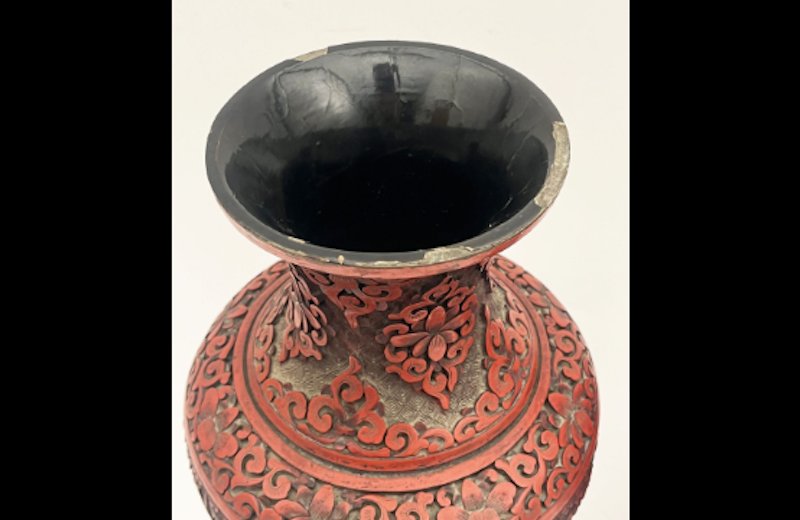 Pair Of Baluster Vases In Cinnabar Lacquer On A Metal Base-photo-4