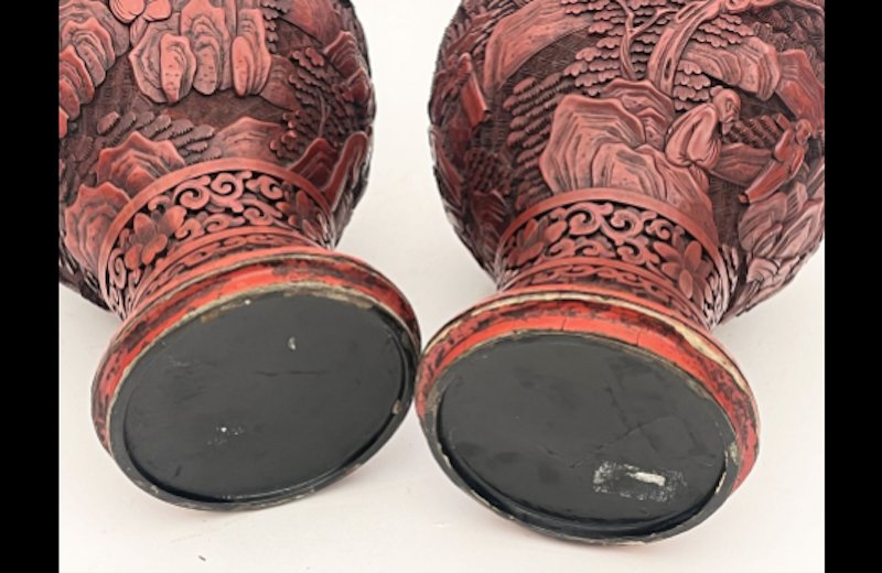 Pair Of Baluster Vases In Cinnabar Lacquer On A Metal Base-photo-5
