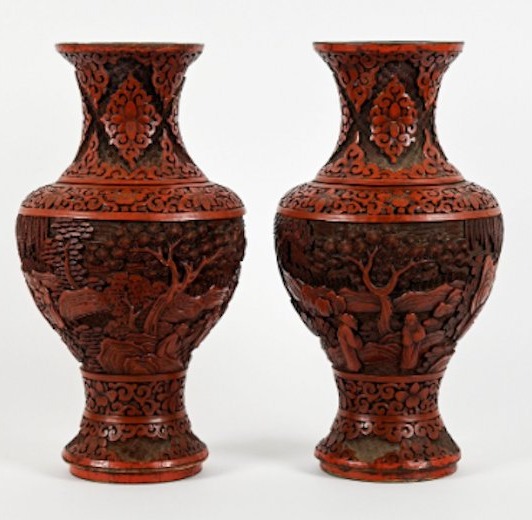 Pair Of Baluster Vases In Cinnabar Lacquer On A Metal Base