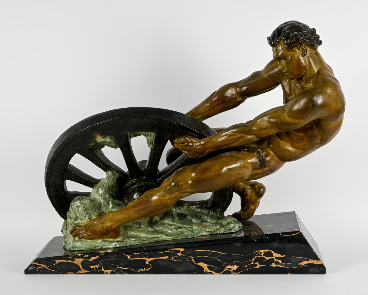 A. MARGELIN " La force" - Regule à patine verte et marbre portor