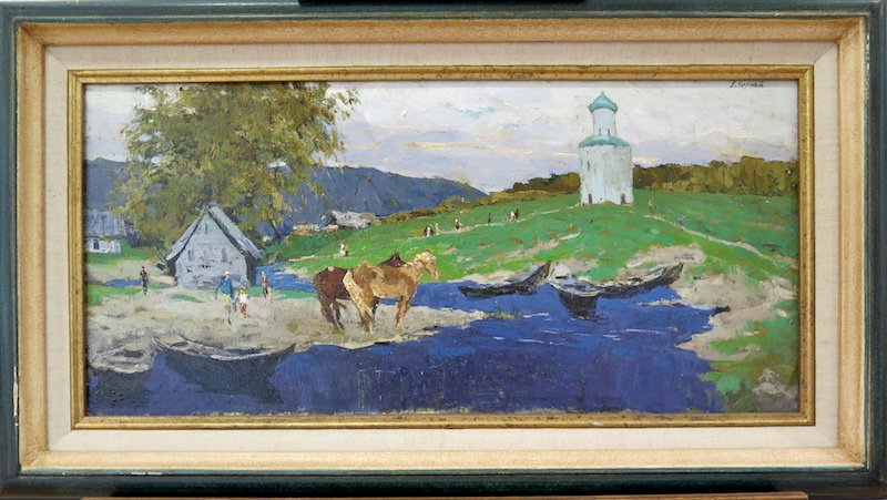 Russian School: Horses By The River
