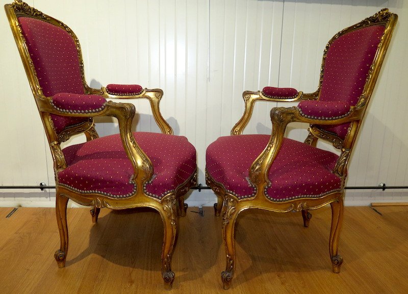 Paire de fauteuils en bois doré -  Style Louis XV -photo-3