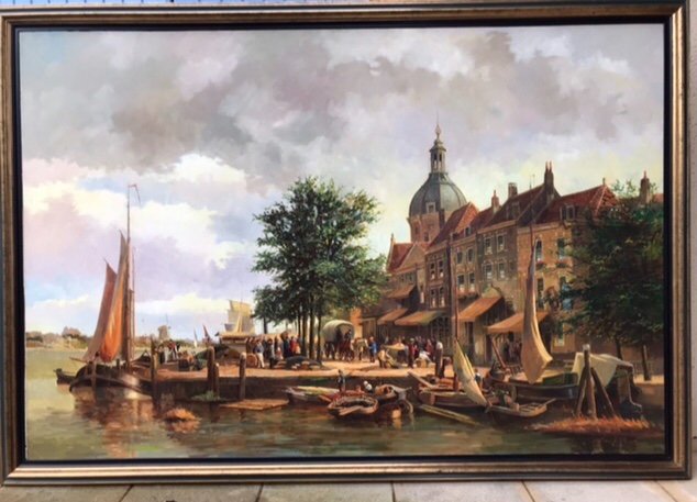 Trés grande huile sur toile : Port de Dordrecht en Hollande-photo-2