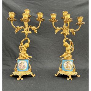 Pair Of Gilt Bronze And Sevres Porcelain Candlesticks