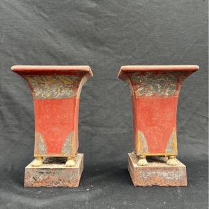 Pair Of Painted Sheet Metal Vases 