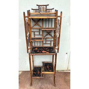 Bamboo Shelf And Lacquered Trays With Asian Decor