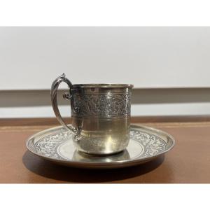 Solid Silver Cup And Saucer – Beautifully Engraved Design