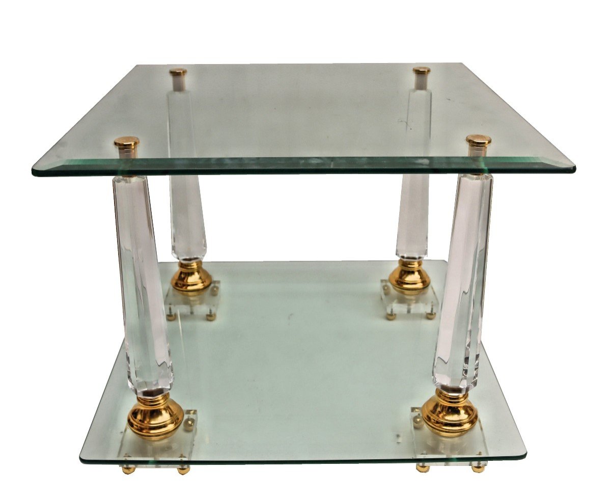 Lucite Brass And Obelisk Glass Table 1970