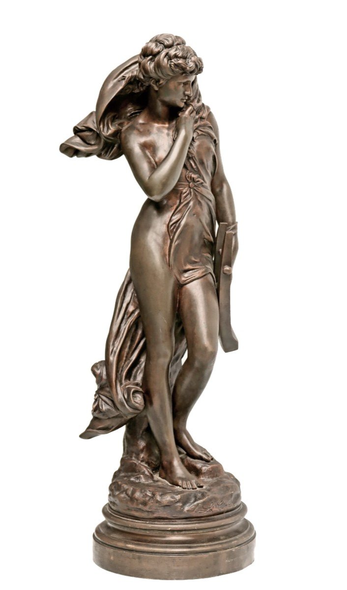 Maximilien Bourgeois (1839-1901) Large Bronze Woman With Lyre H:75 Cm-photo-3