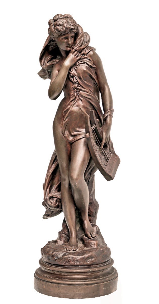 Maximilien Bourgeois (1839-1901) Large Bronze Woman With Lyre H:75 Cm-photo-2