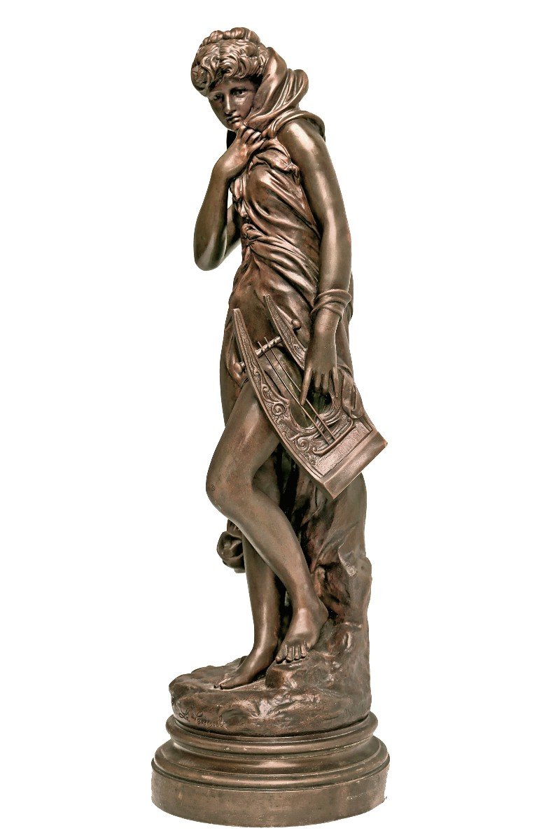 Maximilien Bourgeois (1839-1901) Large Bronze Woman With Lyre H:75 Cm-photo-4