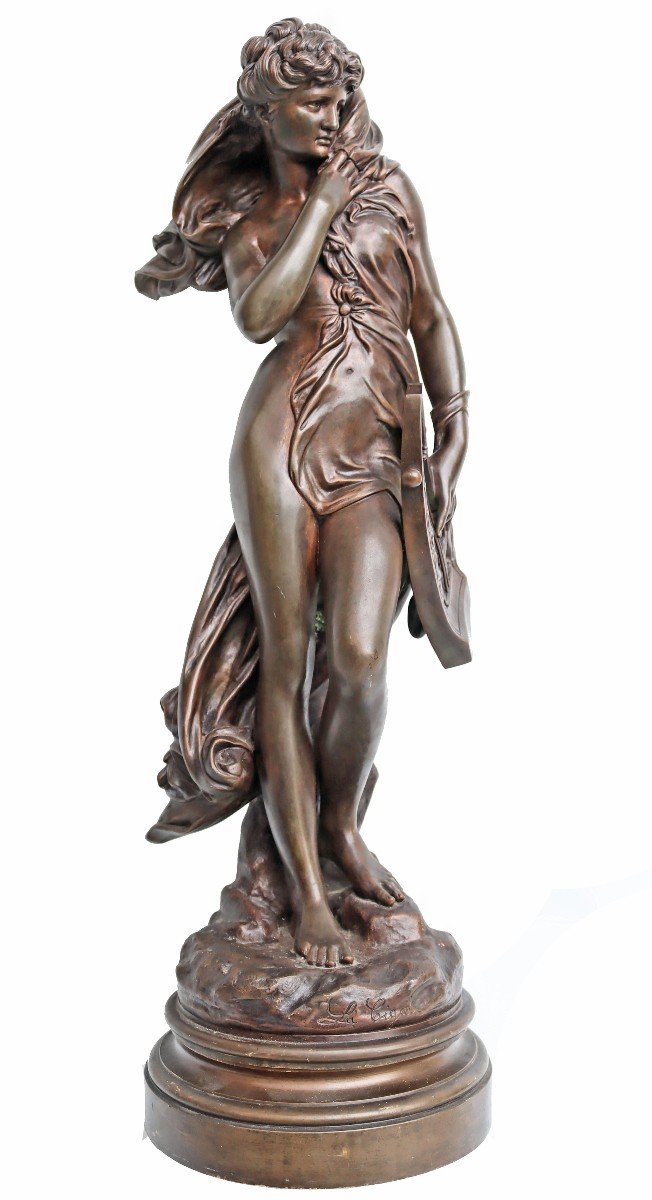 Maximilien Bourgeois (1839-1901) Large Bronze Woman With Lyre H:75 Cm