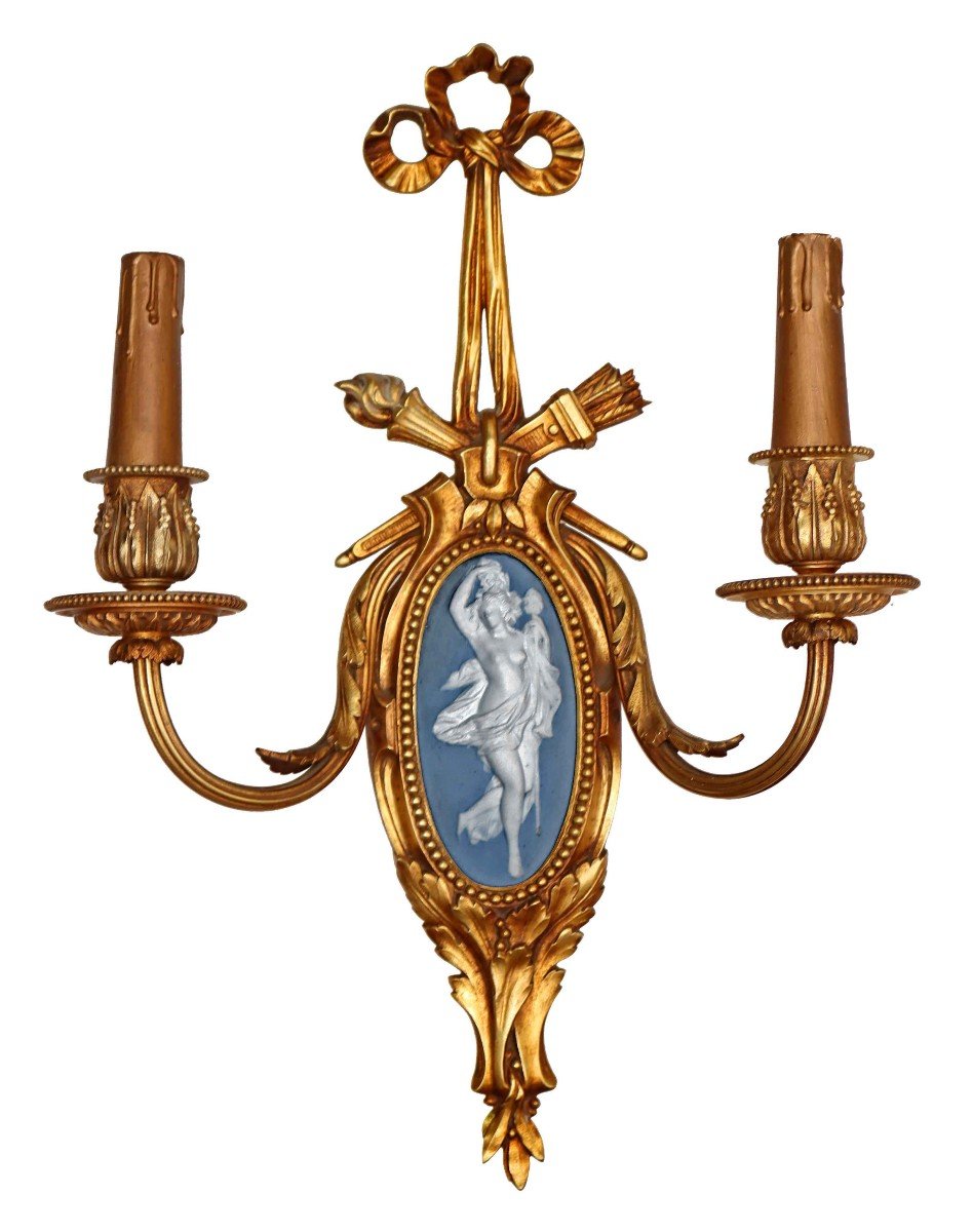 Pair Of Napoleon III Bronze & Porcelain Sconces-photo-2