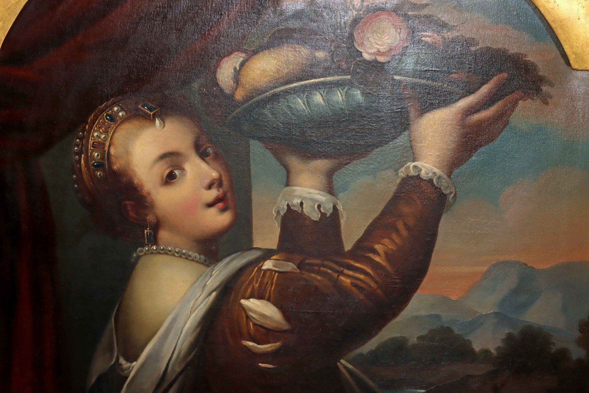 Grand Tableau XVIIIe "Jeune Femme a la Corbeille de Fruits"-photo-1