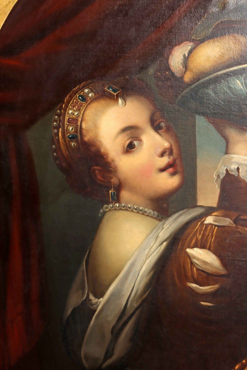 Grand Tableau XVIIIe "Jeune Femme a la Corbeille de Fruits"-photo-5